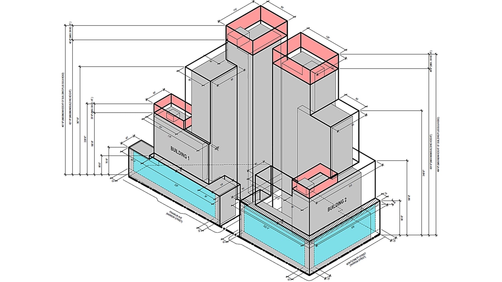 Axonometric line drawing of two tall buildings on one site, shaded grey with pink tops and pale blue street-level bases, labelled BUILDING 1 and BUILDING 2, each stepping up in several blocks to a tower, with dimension lines on both sides and street labels reading FRANKLIN AVE (NARROW STREET) and MONTGOMERY STREET (NARROW STREET)