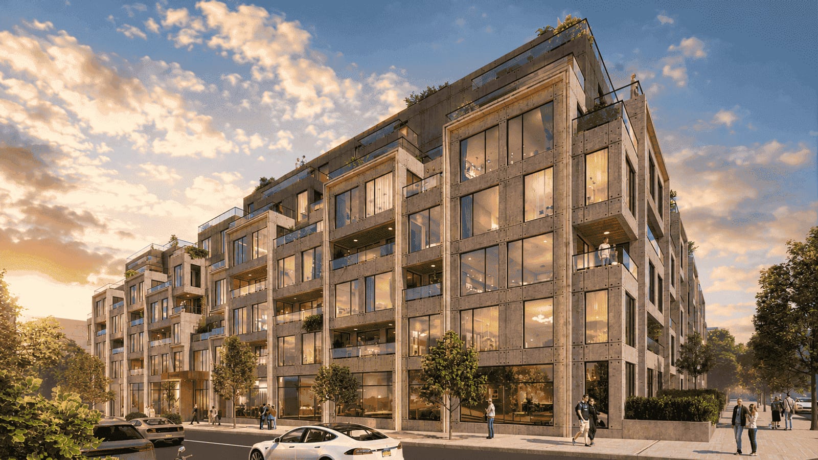 Rendering of a seven-story apartment building on a street corner at sunset, with a grid of stone-colored panels and large windows, glass-railed balconies, planted terraces stepping back on the upper floors, glass storefront windows at street level, street trees, people on the sidewalk, a white car passing and a hedge along the corner at the right
