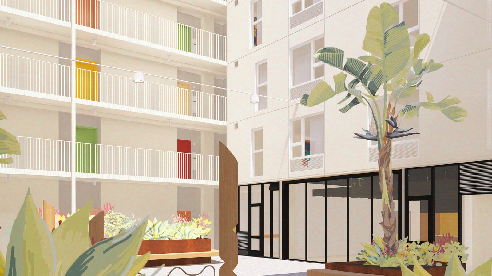 Rendering of a courtyard with planters and a tall banana-like plant, open-air walkways with white railings and red, yellow and green apartment doors on the floors above, and glass doors to a ground-level room