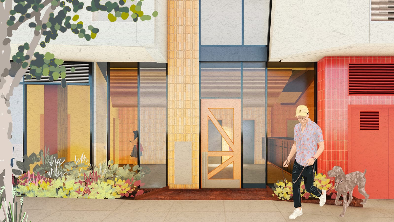Rendering of a building entrance with a wood-framed glass door beside a column of yellow glazed brick, red tile at right, plants along the sidewalk and a person walking a dog