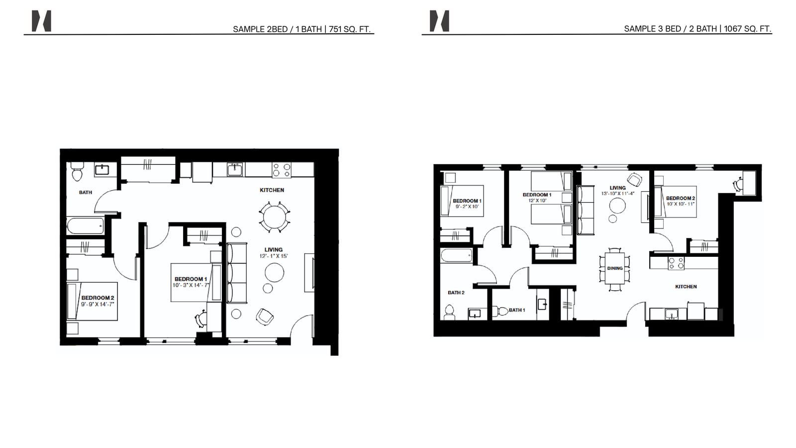 Floor plans of a 751-square-foot two-bedroom with one bath and a 1,067-square-foot three-bedroom with a dining area and two rooms labeled Bath 1 and Bath 2