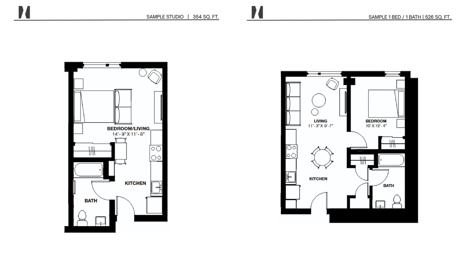 Floor plans of a 354-square-foot studio with a combined bedroom and living area, a kitchen and a bath, and a 526-square-foot one-bedroom with a living room, a bedroom, a kitchen and a bath