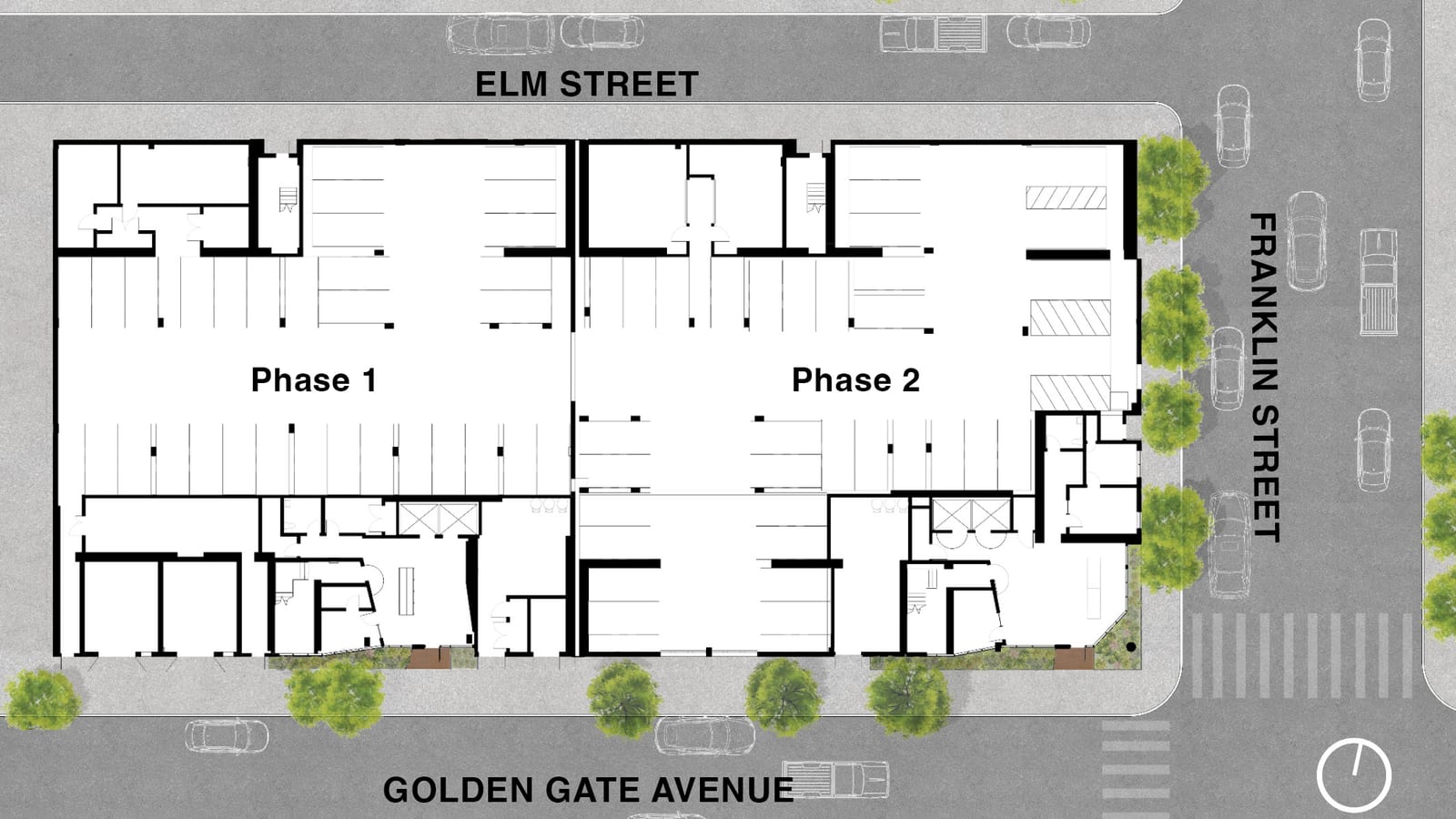 Ground floor plan of two adjoining buildings labeled Phase 1 and Phase 2, mostly parking stalls, between Elm Street at the top and Golden Gate Avenue at the bottom, with Franklin Street at right