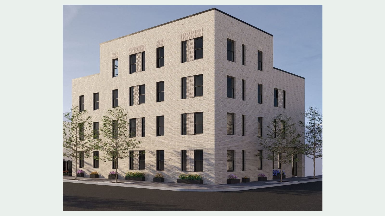 Rendering of a four-story corner apartment building in pale cream brick, with a stepped roofline, tall dark-framed windows, patterned brick panels beside some windows, planters of flowers along the base, street trees, and a black fence at the far left