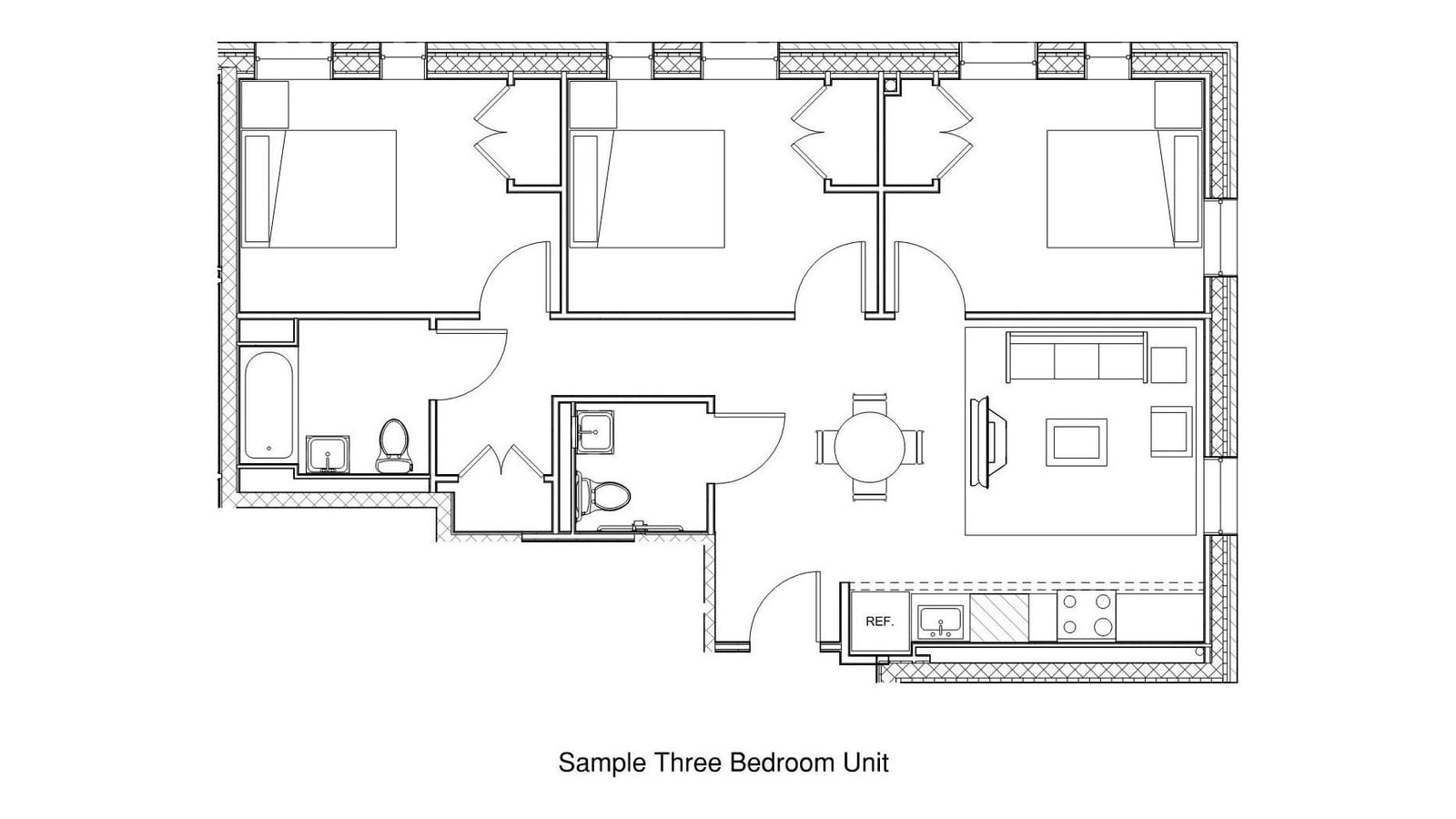 Floor plan line drawing of a three-bedroom apartment: three bedrooms in a row with closets, a full bathroom with a tub, a second small bathroom with a toilet and sink, a hall closet, a dining table, a living area with a sofa, and a wall kitchen with refrigerator, sink and four-burner range; labeled Sample Three Bedroom Unit
