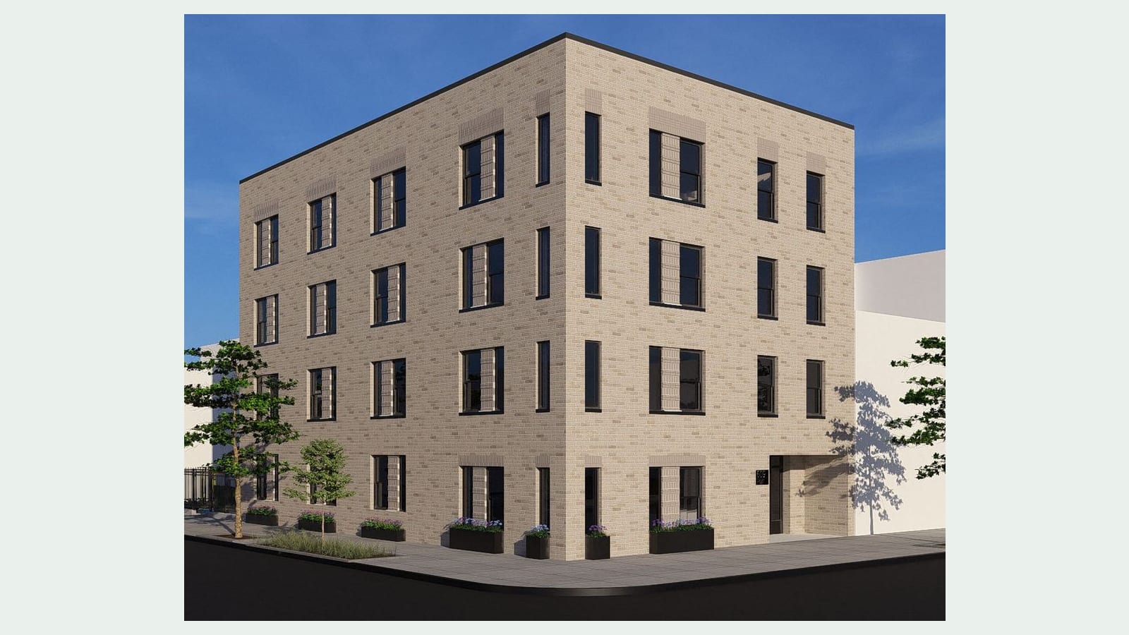 Rendering of a four-story apartment building on a street corner, faced in light tan brick with dark-framed windows set in panels of patterned brick, black planters of purple flowers along the sidewalk, young street trees, and a recessed entrance with a dark address plaque reading 609
