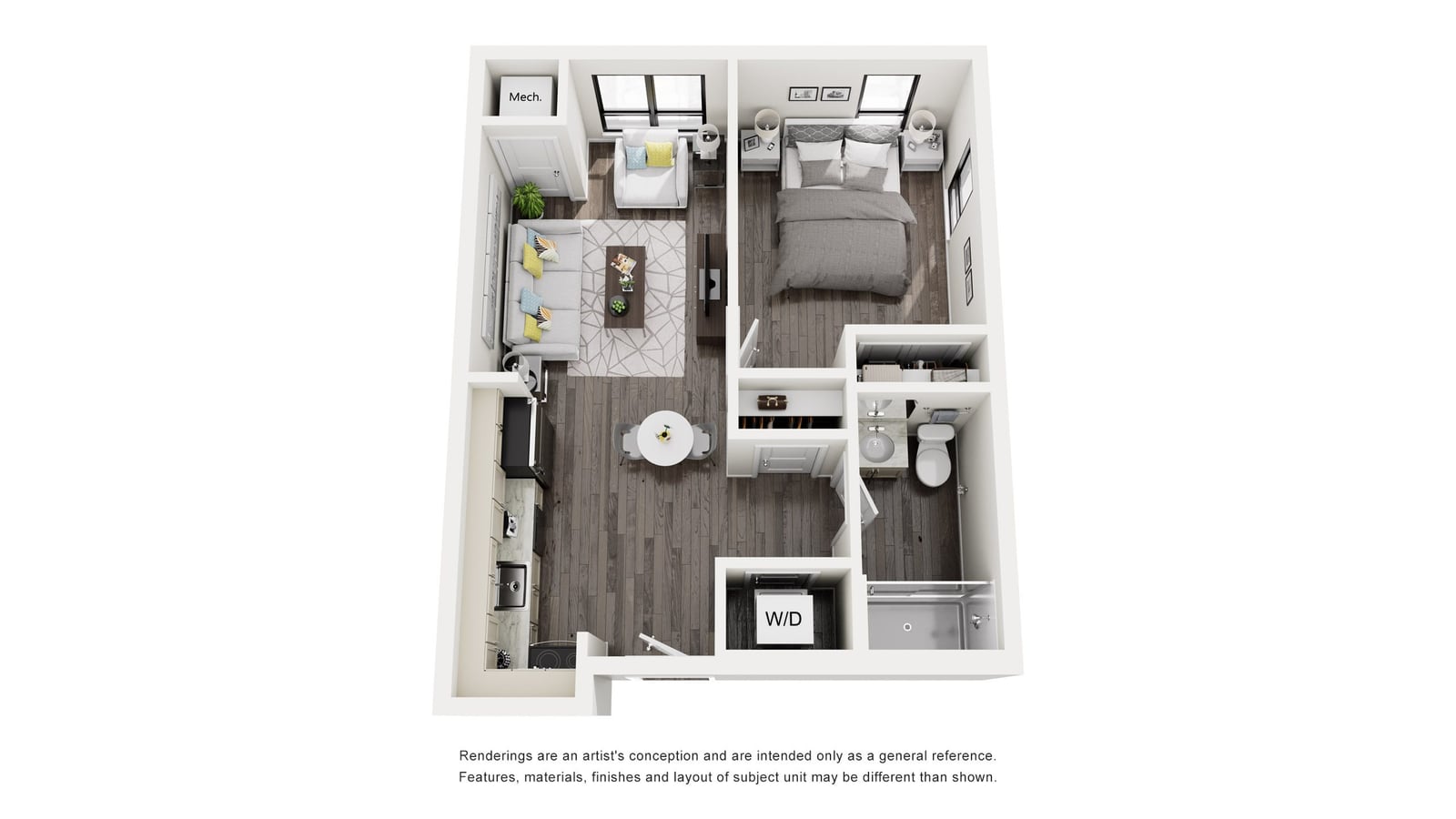 Rendered floor plan of a one-bedroom apartment showing a living room, a kitchen along one wall with a small table, a bedroom, a bathroom with a shower, a closet marked W/D and a closet marked Mech.