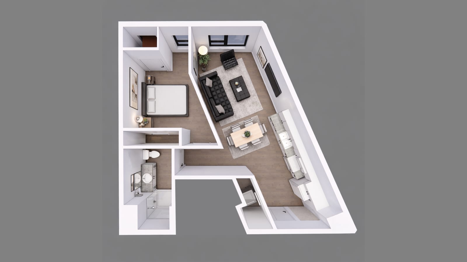 Rendering of a furnished one-bedroom floor plan seen from above: a bedroom and bathroom on the left, a living area with a sectional sofa, a dining table for four and a kitchen along one angled wall