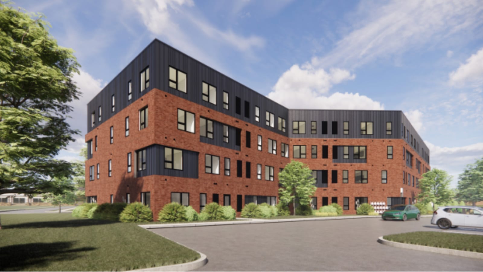 Rendering of two wings of a four-story brick and dark metal apartment building meeting at an inner corner, seen across a parking lot with two parked cars and a lawn