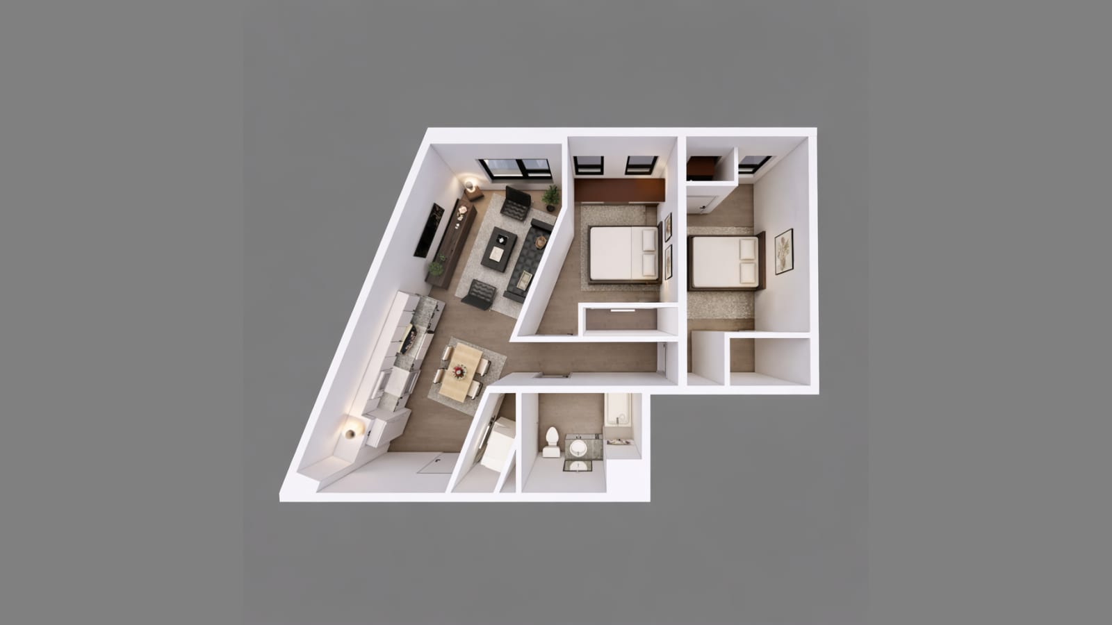 Rendering of a furnished two-bedroom floor plan seen from above: a living room and kitchen along an angled wall on the left, two bedrooms on the right and one bathroom at the bottom