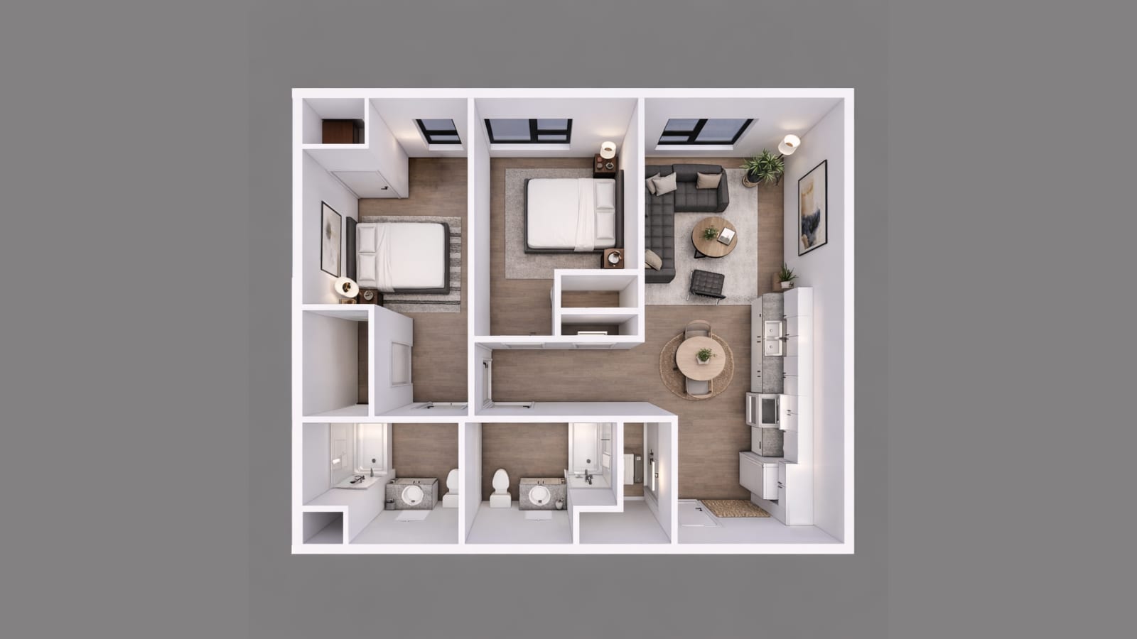 Rendering of a furnished two-bedroom floor plan seen from above: two bedrooms side by side, two bathrooms along the bottom, a living area, a round dining table and a kitchen along the right wall