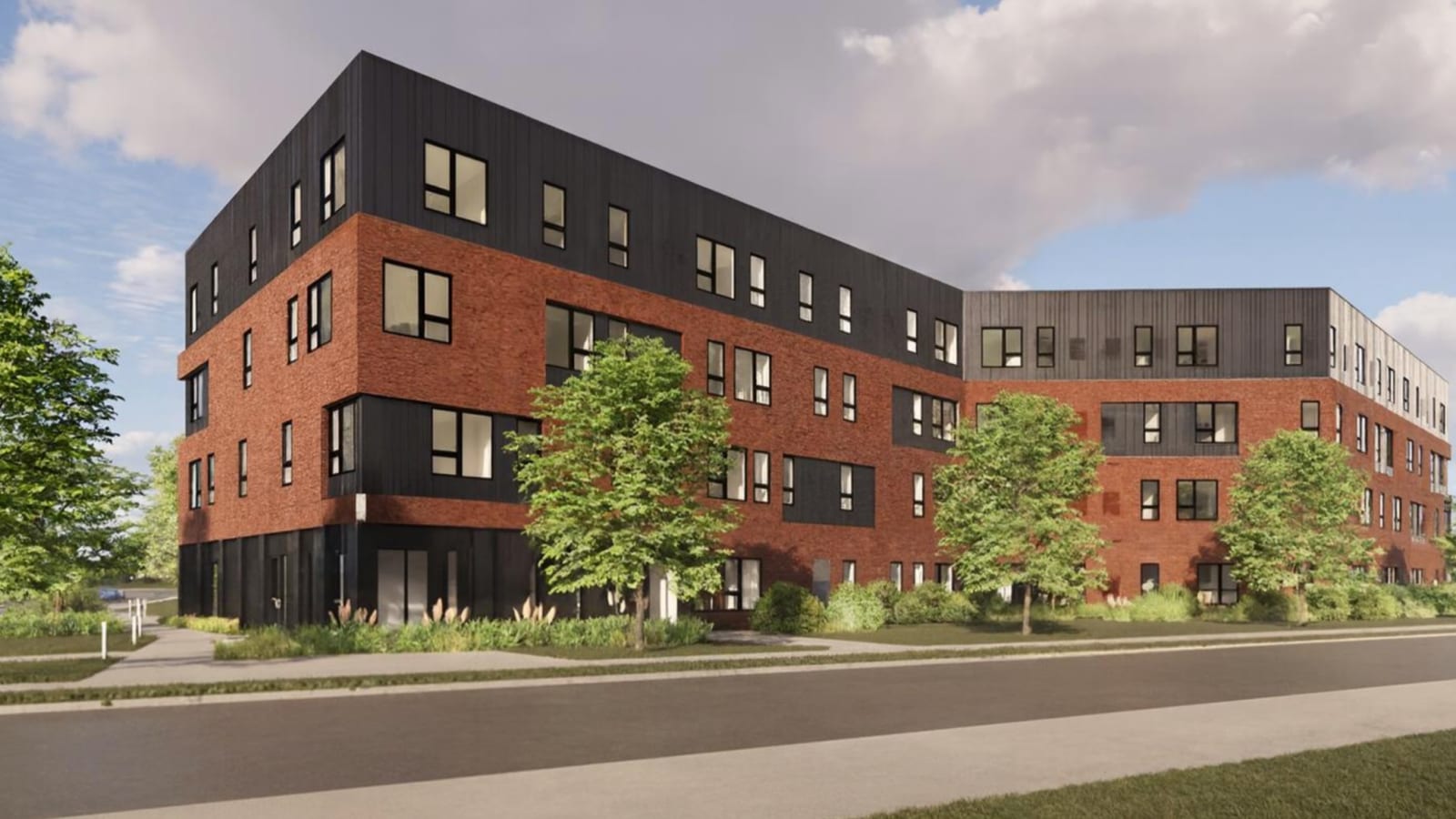 Rendering of a four-story apartment building with red brick on the lower floors and dark metal panels on the top floor and corners, seen from the street with trees and a sidewalk in front