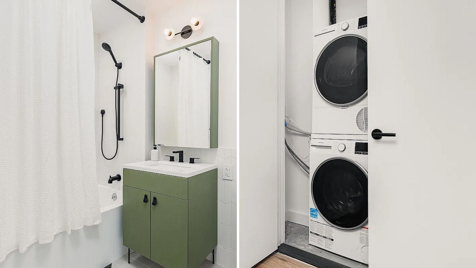Two photographs side by side: at left a white-tiled bathroom with a tub and white shower curtain, black shower fittings, a green vanity with a white top and a green-framed mirror cabinet; at right a closet with a stacked white front-loading washer and dryer beside an open door