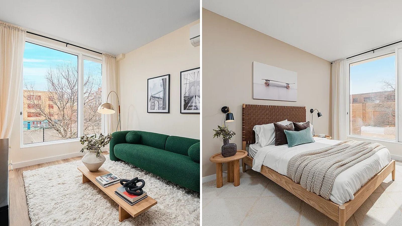 Two photographs side by side: at left a living room with a tall corner window looking out on bare trees and a low brick building, a green sofa, a shaggy white rug and a long wooden coffee table, and a wall air-conditioning unit; at right a bedroom with a woven leather headboard, white bedding, a wooden side table and a tall window