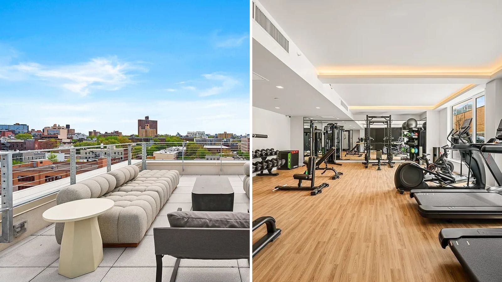 Two photographs side by side: at left a roof terrace with a tufted grey outdoor sofa, a round side table and a cable railing, looking over low Brooklyn rooftops and trees to taller brick towers under a blue sky; at right a gym with wood-look flooring, treadmills, an elliptical, weight benches, dumbbells and a squat rack in front of a mirrored wall