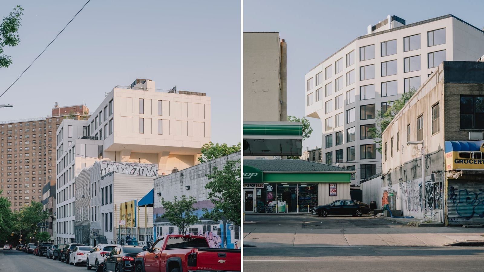Two photographs side by side of a finished white eight-story building: at left, seen down a street of parked cars and low houses with graffiti, the upper floors project sideways over the lower roofs as a large overhanging block; at right, the building rises behind a gas station shop and a grocery with a shuttered, graffitied gate, its corner windows set at an angle