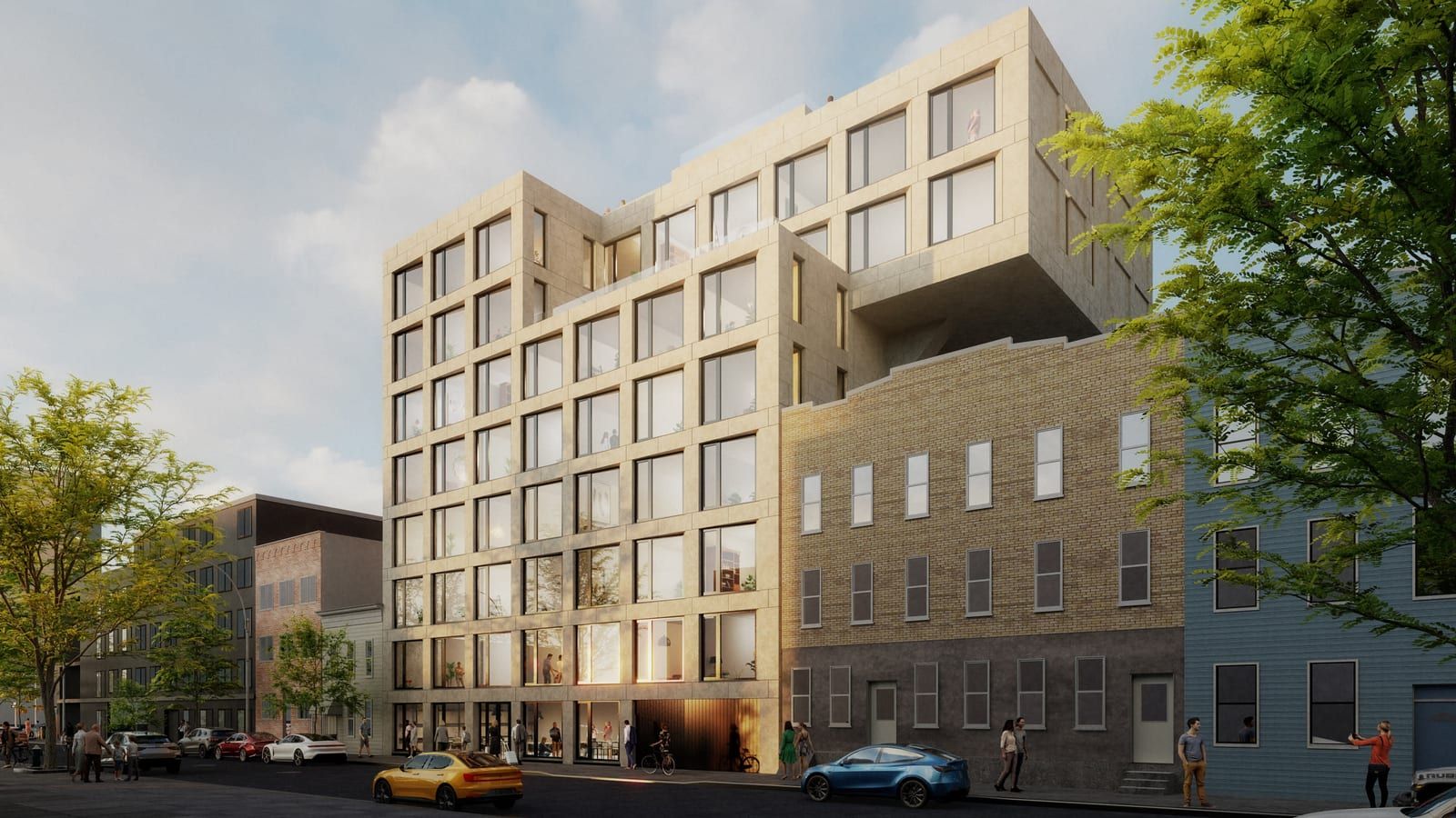 Architectural rendering of an eight-story building with a pale stone-colored facade and a grid of large windows on a tree-lined street; the top two floors jut out sideways over the roof of a three-story yellow brick building next door, with a blue clapboard house beyond, cars parked along the curb and people on the sidewalk