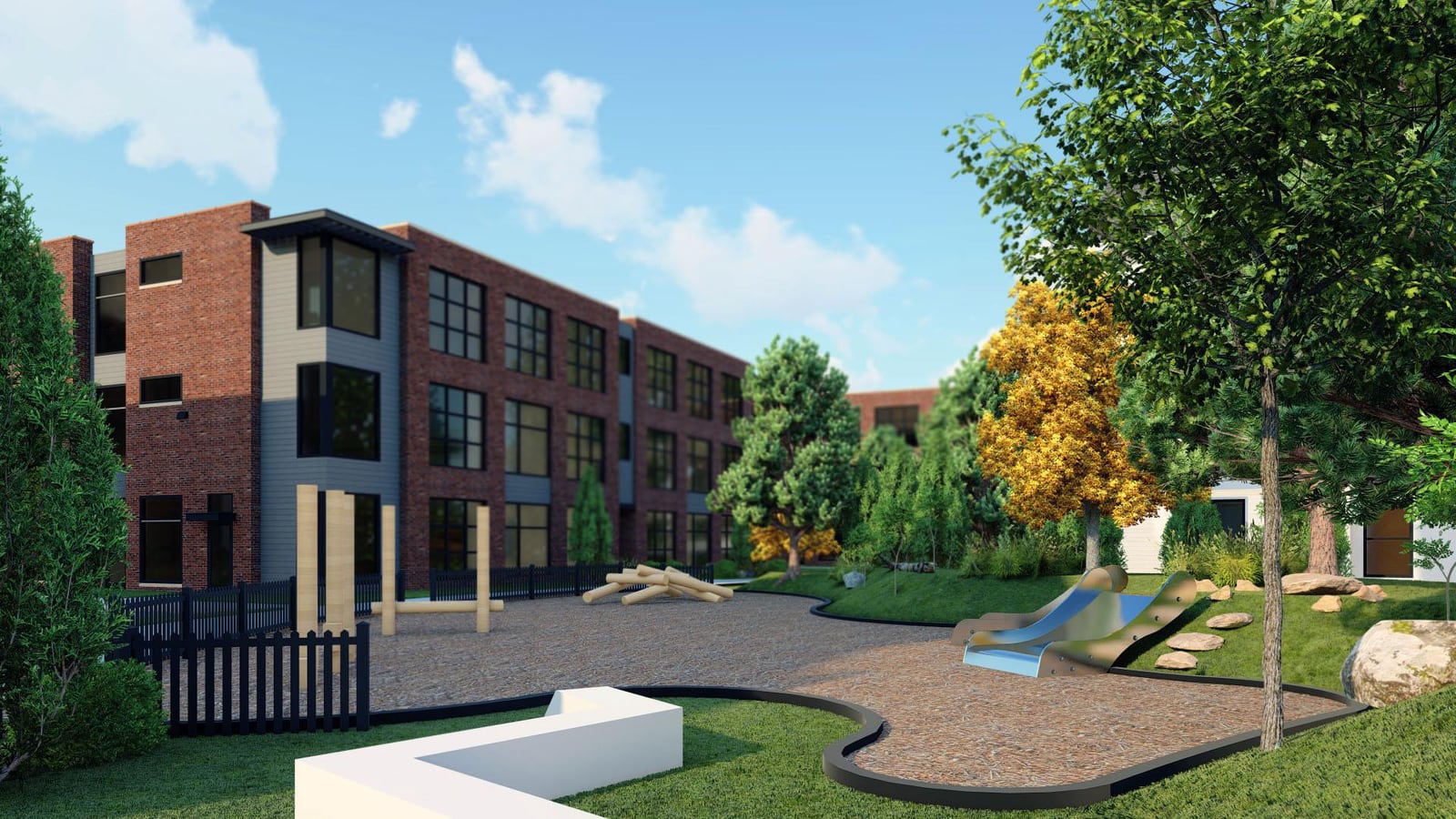 Rendering of a playground with a slide, climbing logs and a wood-chip surface beside a three-story brick building, with trees and a black fence