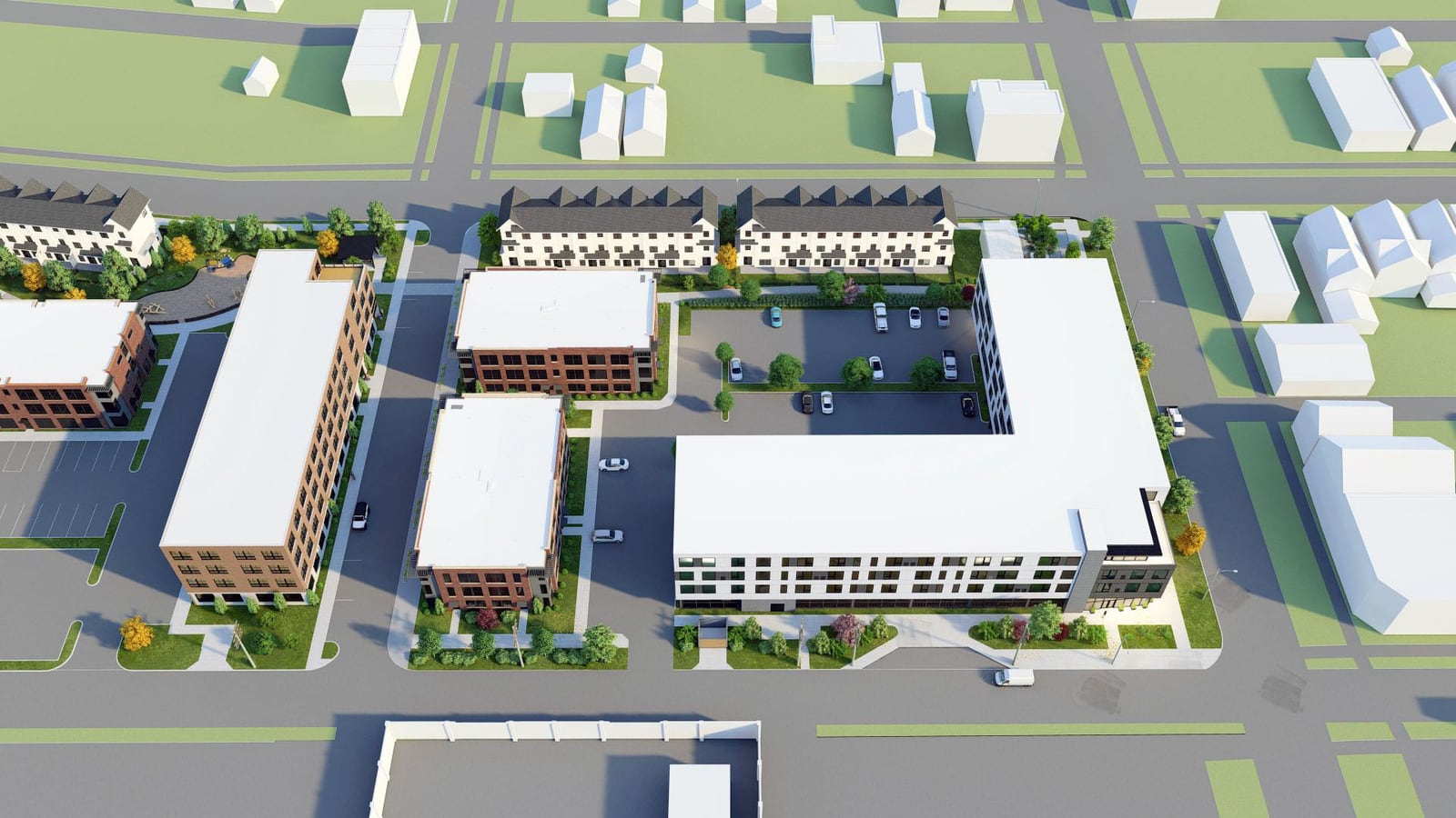 Rendering from above of a city block with two rows of gabled townhomes along the top street, two three-story brick buildings, a four-story brick building at left and an L-shaped white four-story building at right around parking courts