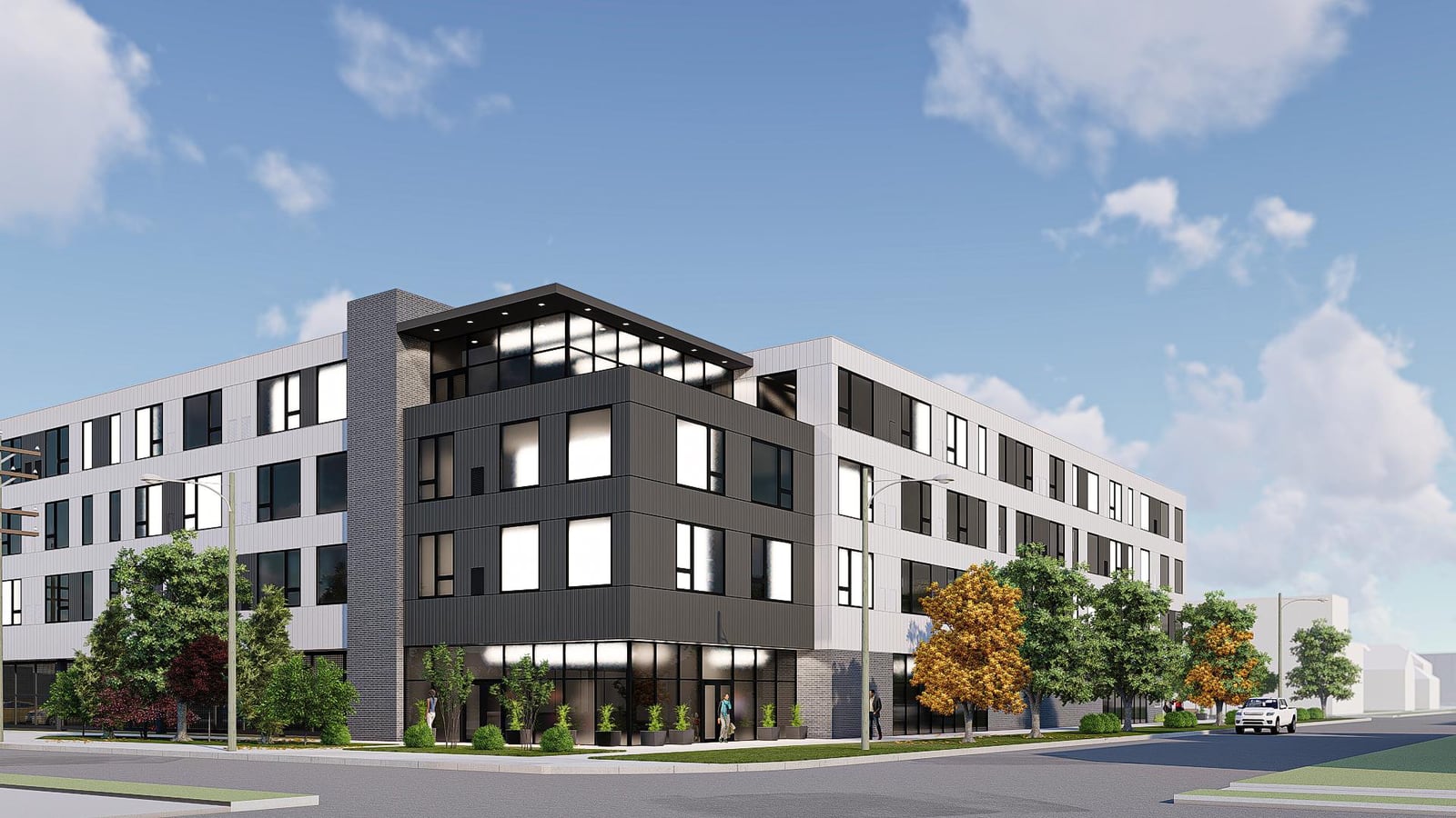 Rendering of a four-story white and charcoal apartment building on a street corner with a glass-walled top floor at the corner and glass along the ground floor
