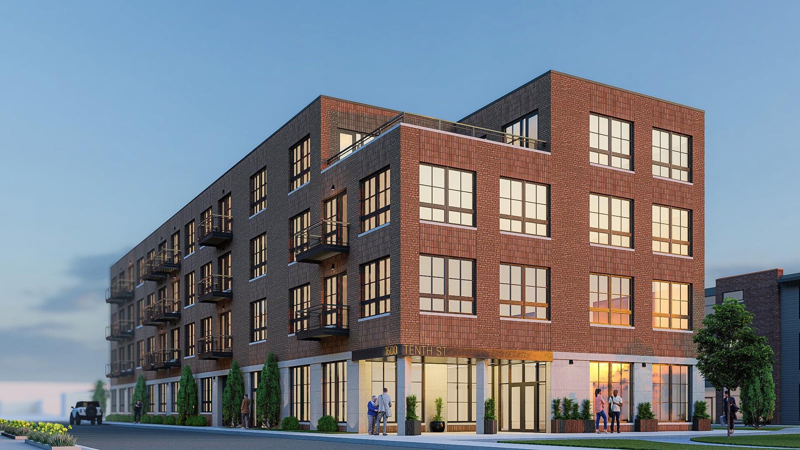 Rendering of a four-story red and dark brick apartment building with balconies, a glass ground floor at the corner and a railing around a rooftop terrace