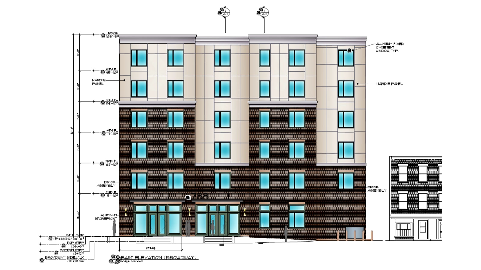 Architectural drawing of the Broadway side of a six-story building with glass storefront doors under the number 788, brick on the lower four floors and cream panels on the top two, beside a three-story rowhouse