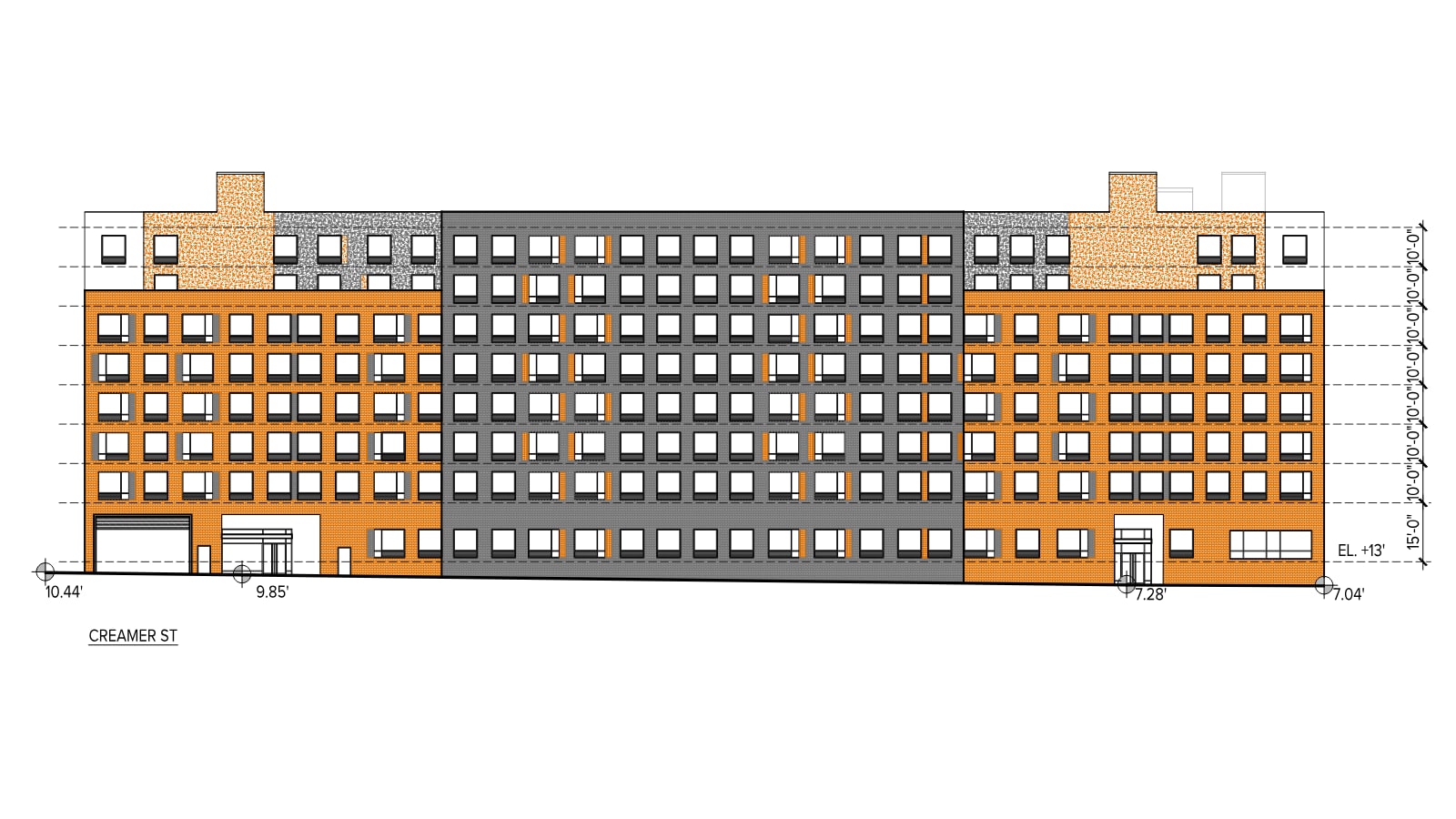 Architect's color elevation drawing of an eight-story building with a grey brick center section between two orange brick wings, rows of square windows, lighter set-back upper floors, a garage door and a glass entrance at the left end of the ground level, a second entrance at the right, floor heights marked at the right edge and the label Creamer St below