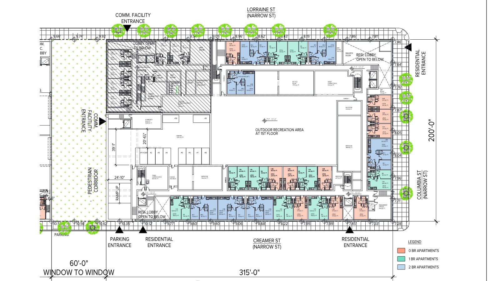Architect's first floor plan of a building wrapped around a central space labelled Outdoor Recreation Area at 1st Floor, with apartments colored orange, green and blue along Lorraine St, Columbia St and Creamer St, a parking area and hatched service rooms at the left, a dotted green strip labelled Pedestrian Corridor, arrows for residential, parking and community facility entrances, dimensions of 315 feet and 200 feet, and a legend for 0 BR, 1 BR and 2 BR apartments