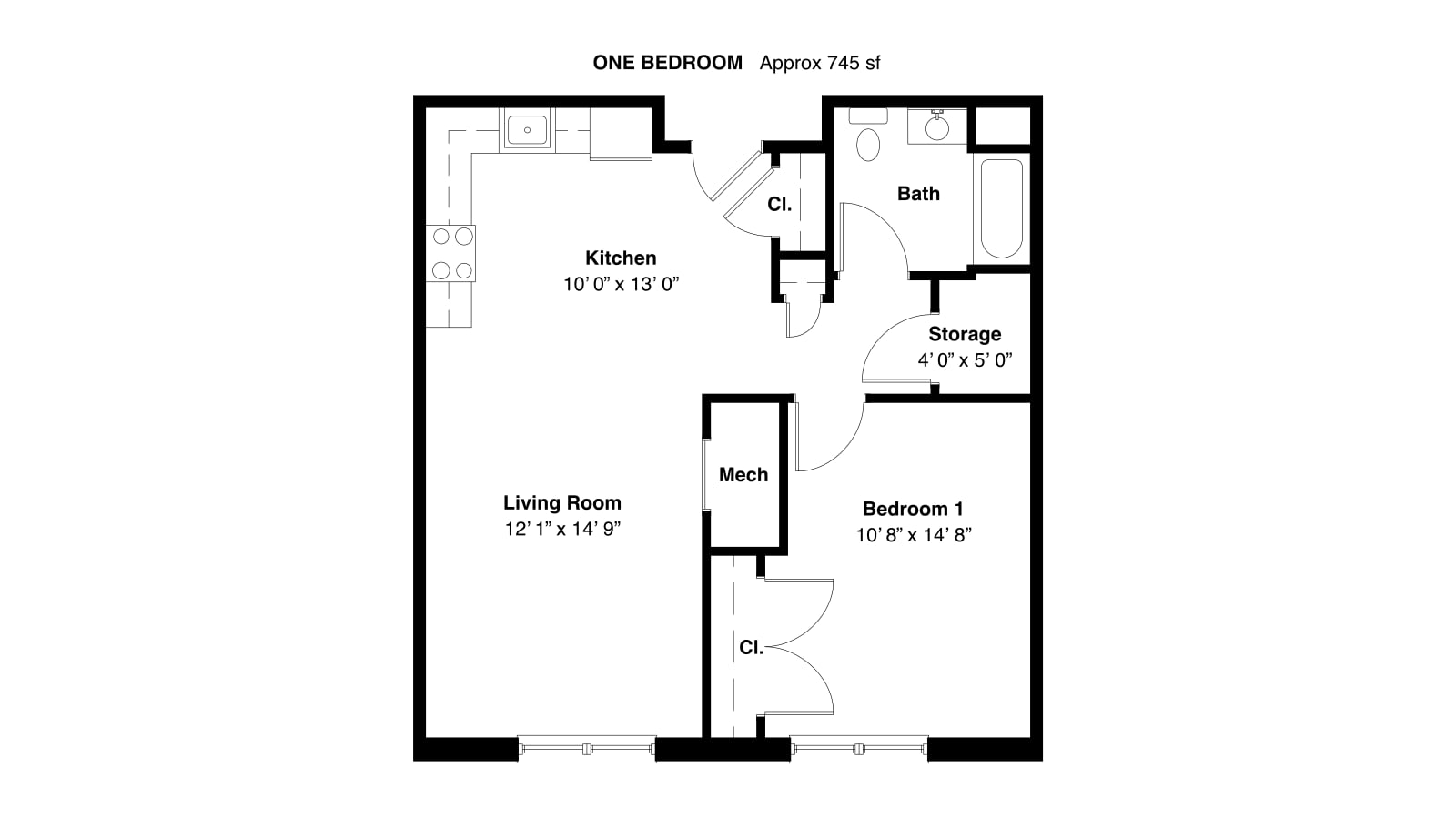 Floor plan of a one-bedroom apartment of about 745 square feet with a kitchen, living room, bedroom, bath and storage closet