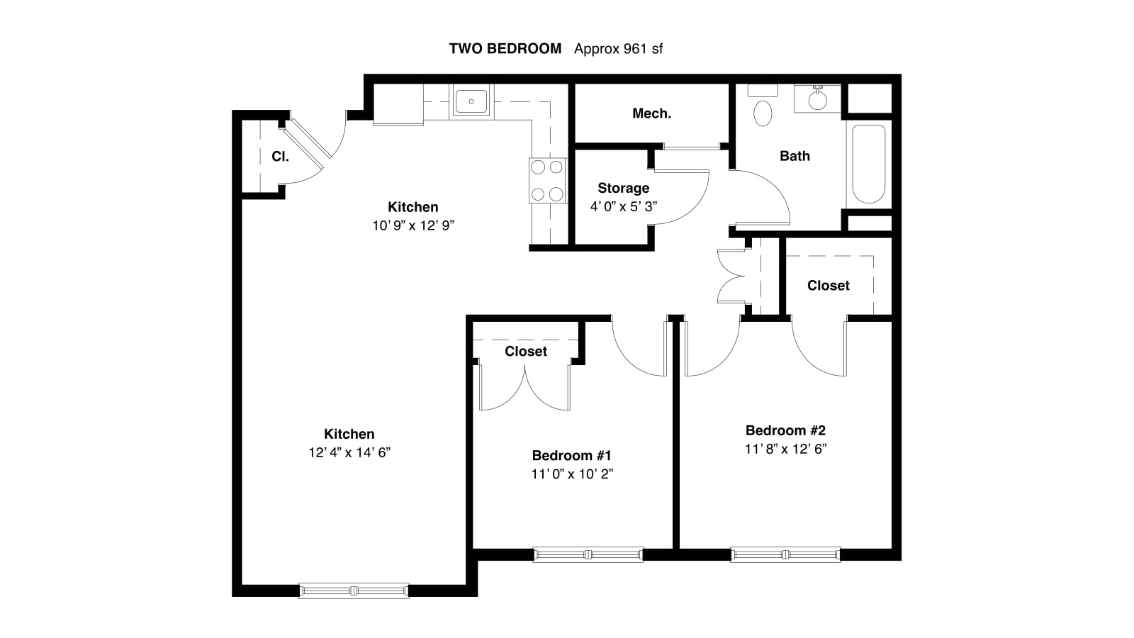 Floor plan of a two-bedroom apartment of about 961 square feet with two bedrooms, a bath, a storage closet and two rooms labeled kitchen