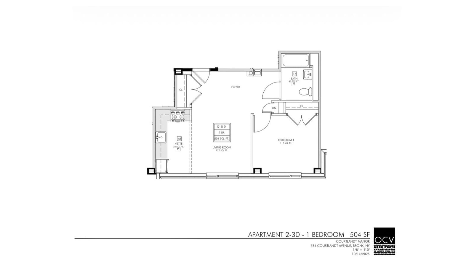 Floor plan of one-bedroom apartment 2-3D at Courtlandt Manor, 504 square feet: a foyer with closets, a kitchenette with a four-burner range on the left, a 177-square-foot living room, a 117-square-foot bedroom and a bathroom with a tub