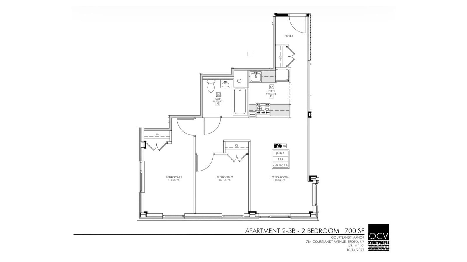 Floor plan of two-bedroom apartment 2-3B at Courtlandt Manor, 700 square feet: a long foyer, a kitchenette with a four-burner range, a bathroom with a tub, a 183-square-foot living room and bedrooms of 112 and 101 square feet along the windows