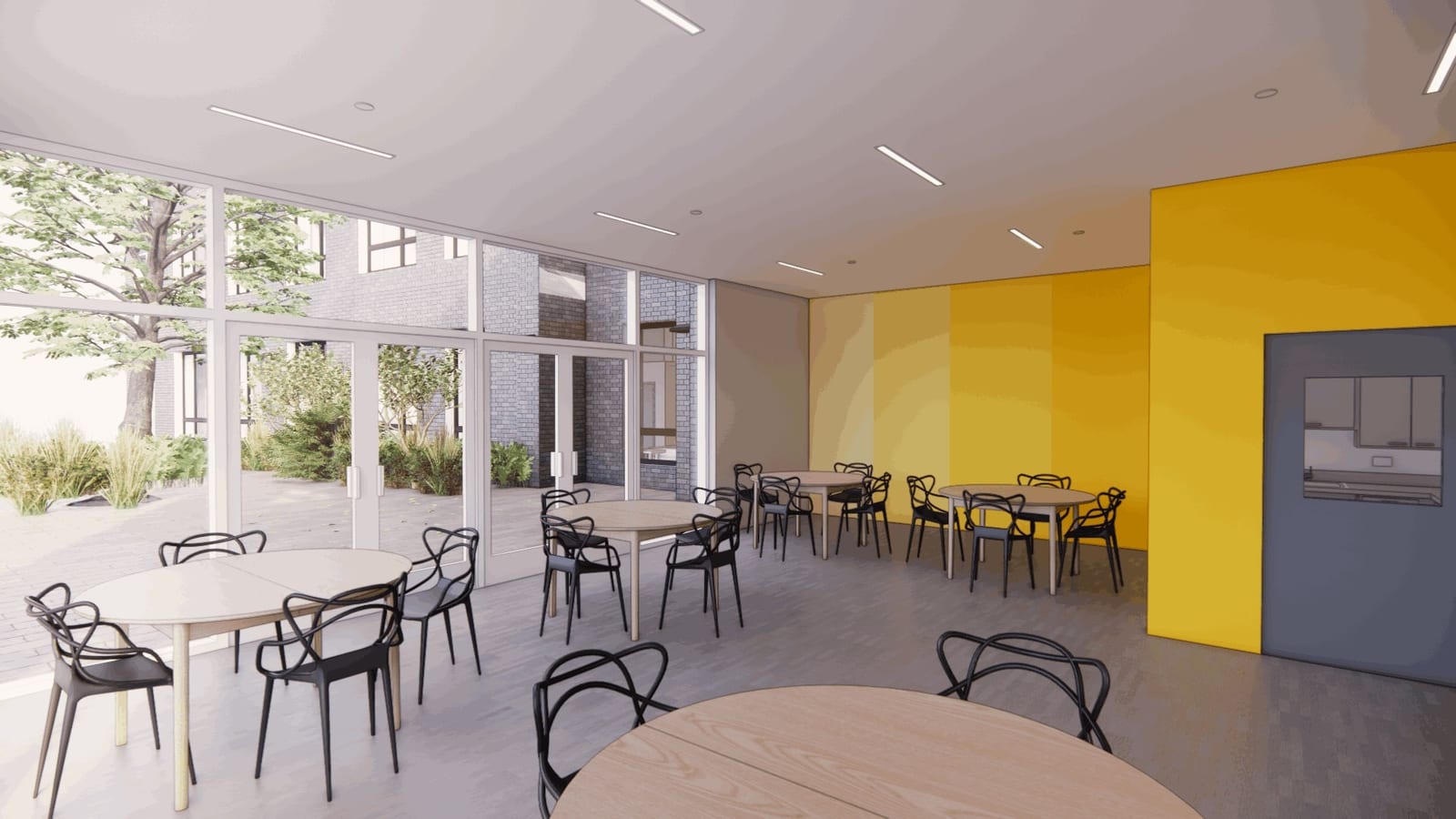 Rendering of a large room with round wood tables and black chairs, a yellow wall, a gray door with a window into a kitchen, and a glass wall with double doors opening onto a paved courtyard with plants