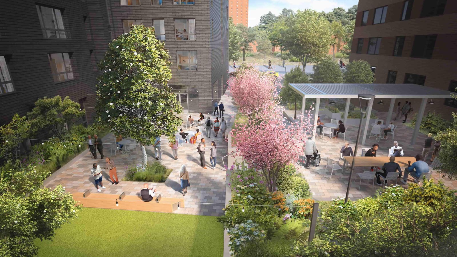 Rendering seen from above of a paved courtyard between brick buildings, with a lawn, a flowering tree, planting beds, benches, a metal shade canopy over tables, and older residents walking, sitting and using a wheelchair