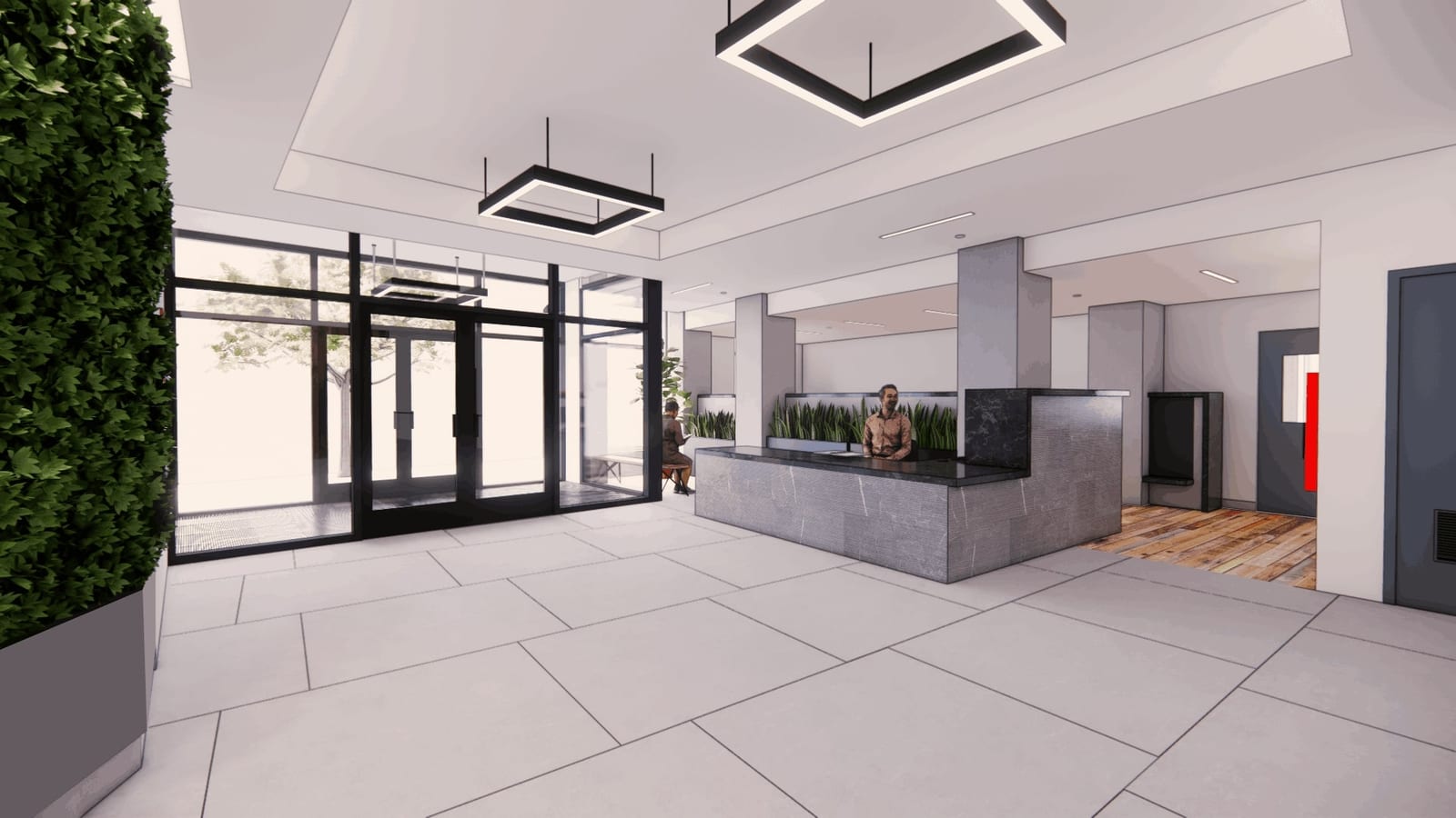 Rendering of a lobby with large pale floor tiles, square hanging light fixtures, a glass entrance with double doors, a plant wall at left and a gray stone front desk with a staff member behind it