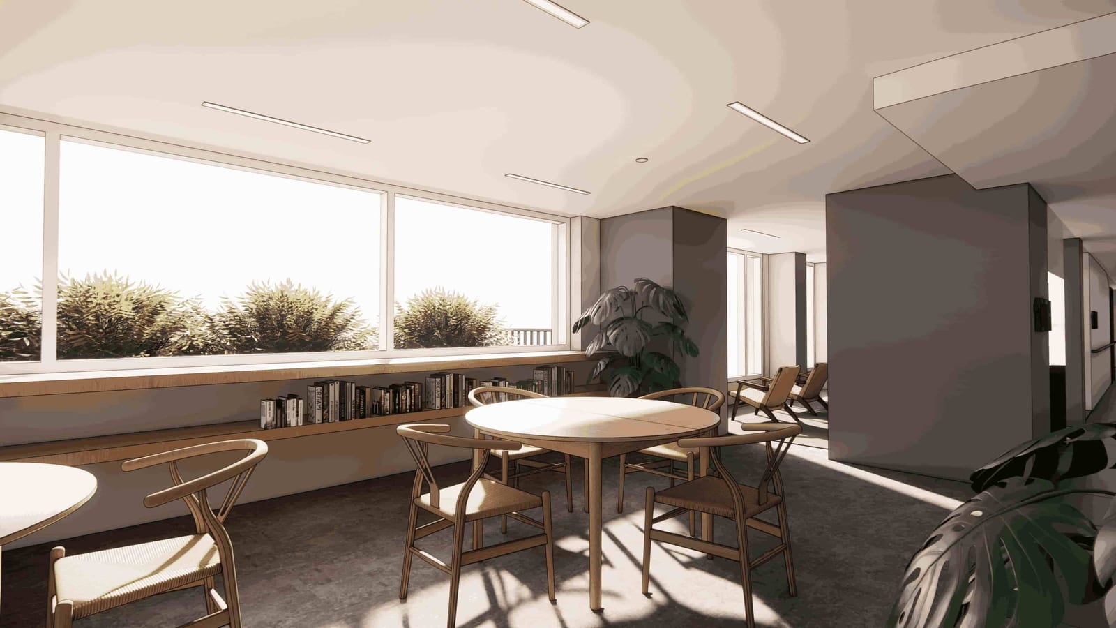Rendering of a sunny lounge with a long window over a planted terrace, a low shelf of books under the window, round wood tables with wishbone chairs, two lounge chairs and a large potted plant