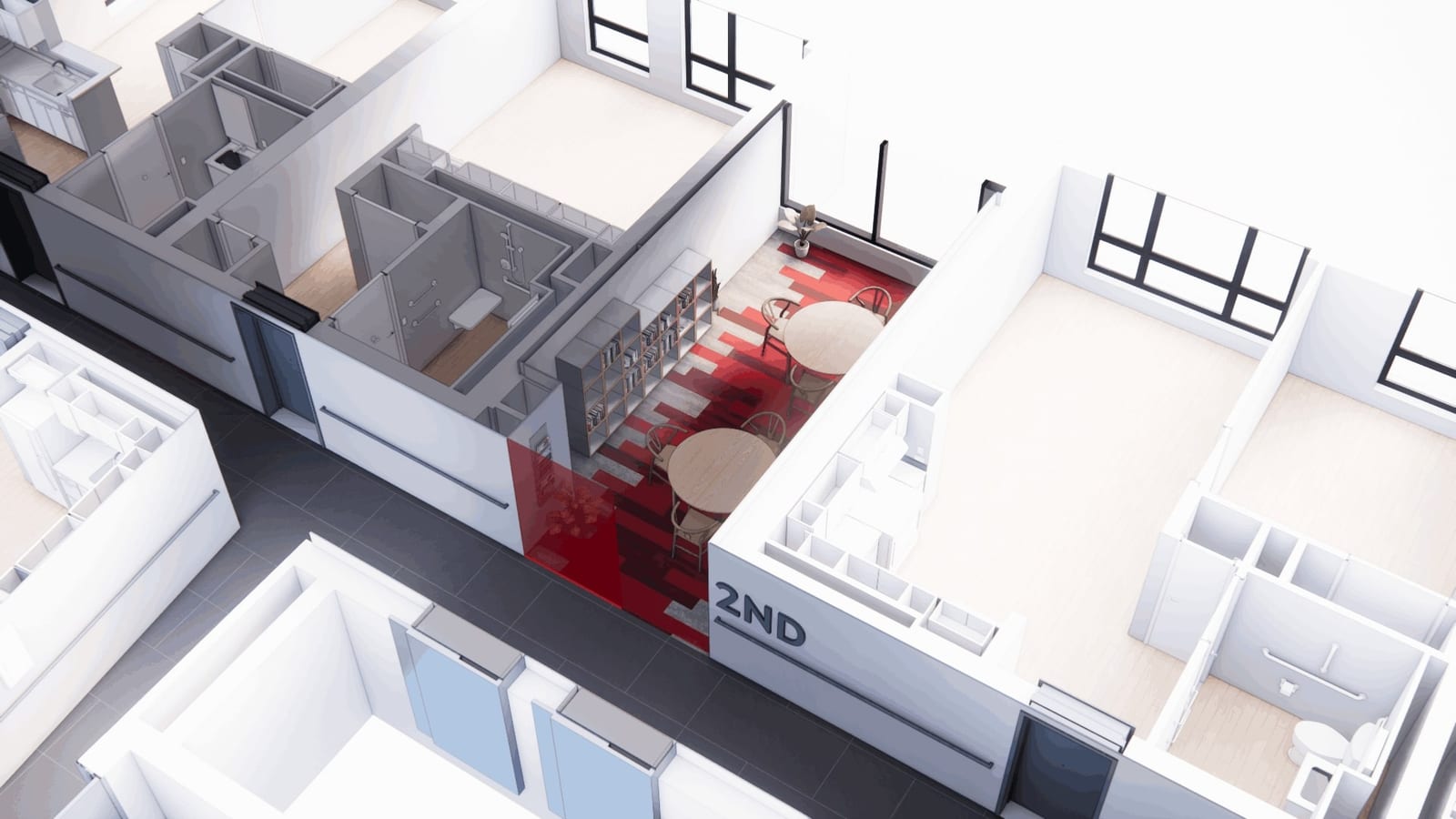 Cutaway rendering seen from above of a floor of apartments with white walls, light wood floors and bathrooms with grab bars and a shower seat, a gray hallway marked 2ND, and a small lounge with a red patterned floor, bookshelves and two round tables