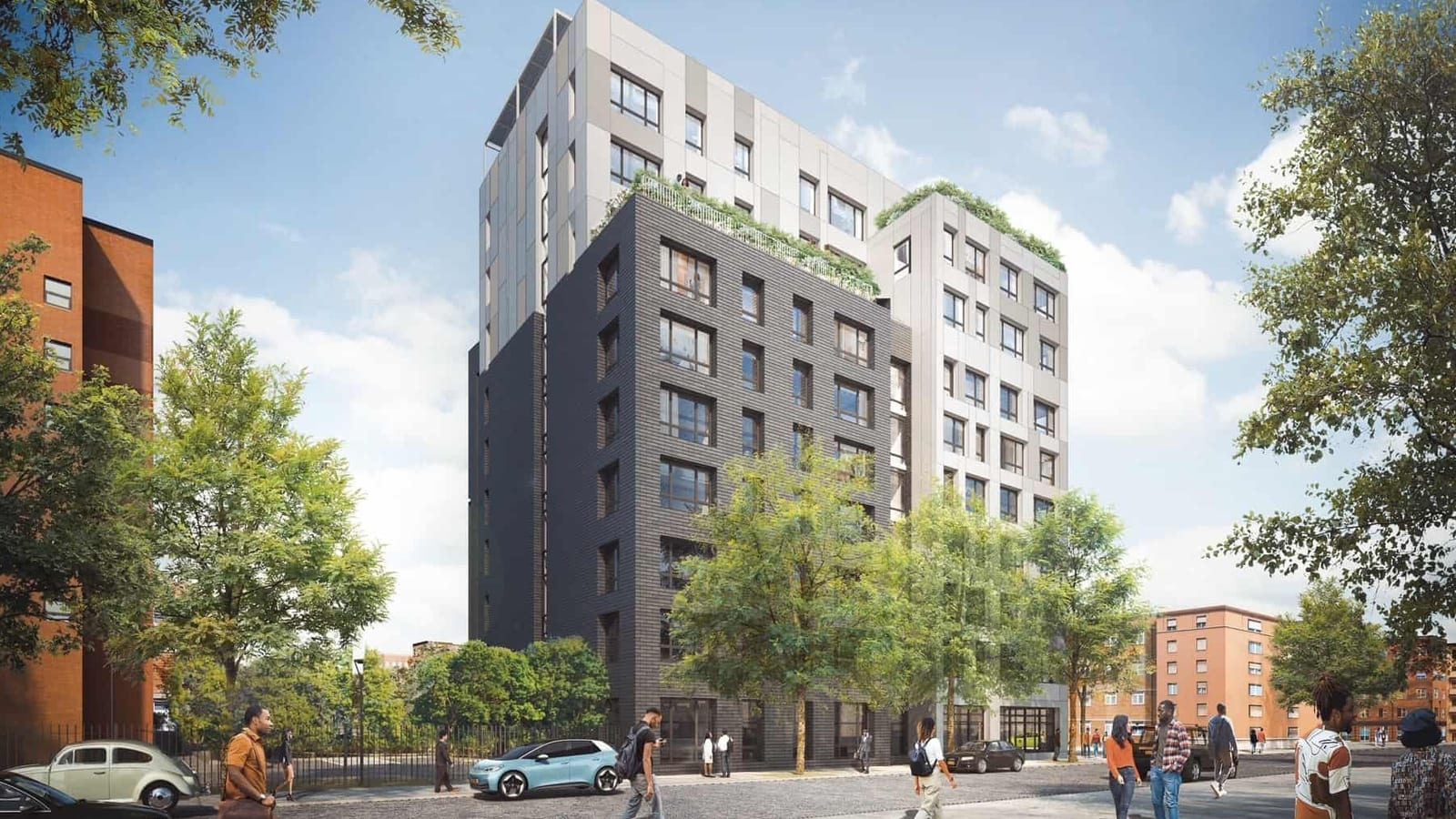 Rendering of a 10-story apartment building with a lower part in charcoal brick and an upper part in pale gray and white metal panels, planted terraces at two setbacks, street trees in front, people walking on the sidewalk, and red-brick apartment buildings on both sides under a blue sky