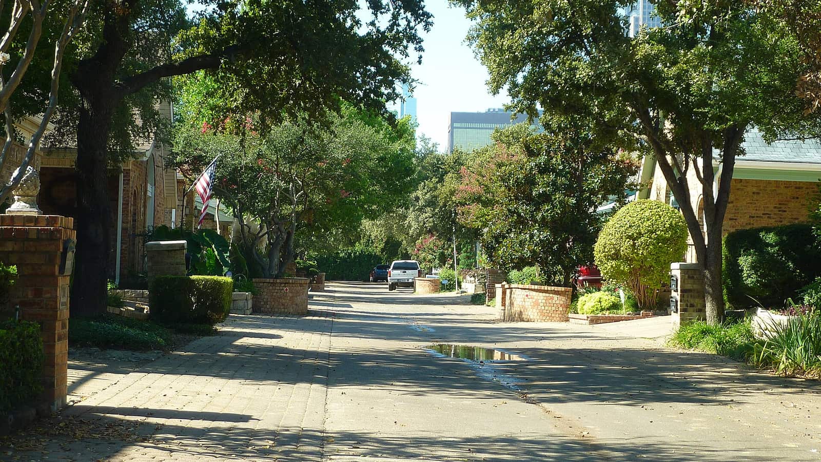 Tree-lined residential street leading toward downtown buildings