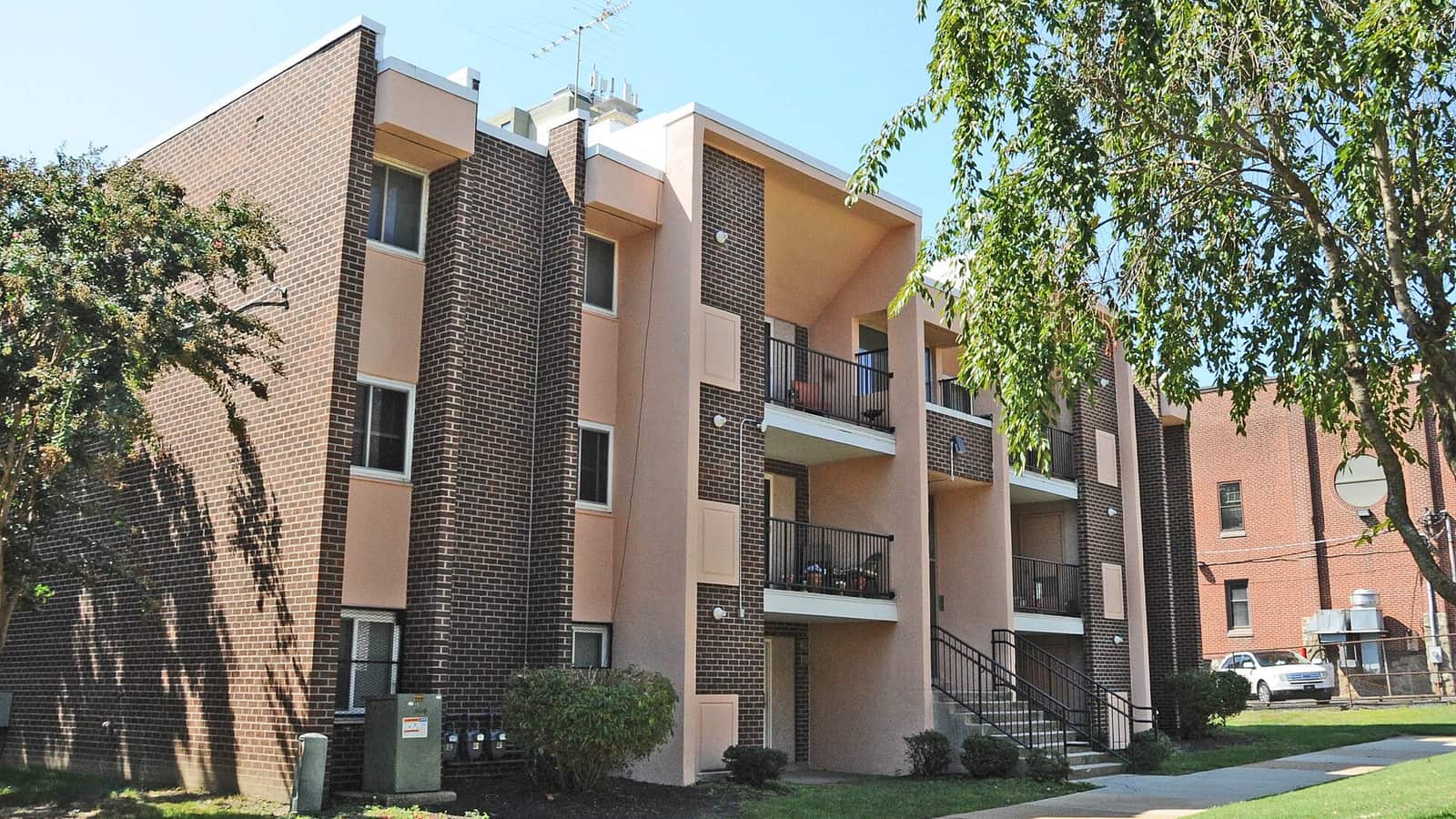 Brick apartment buildings with balconies