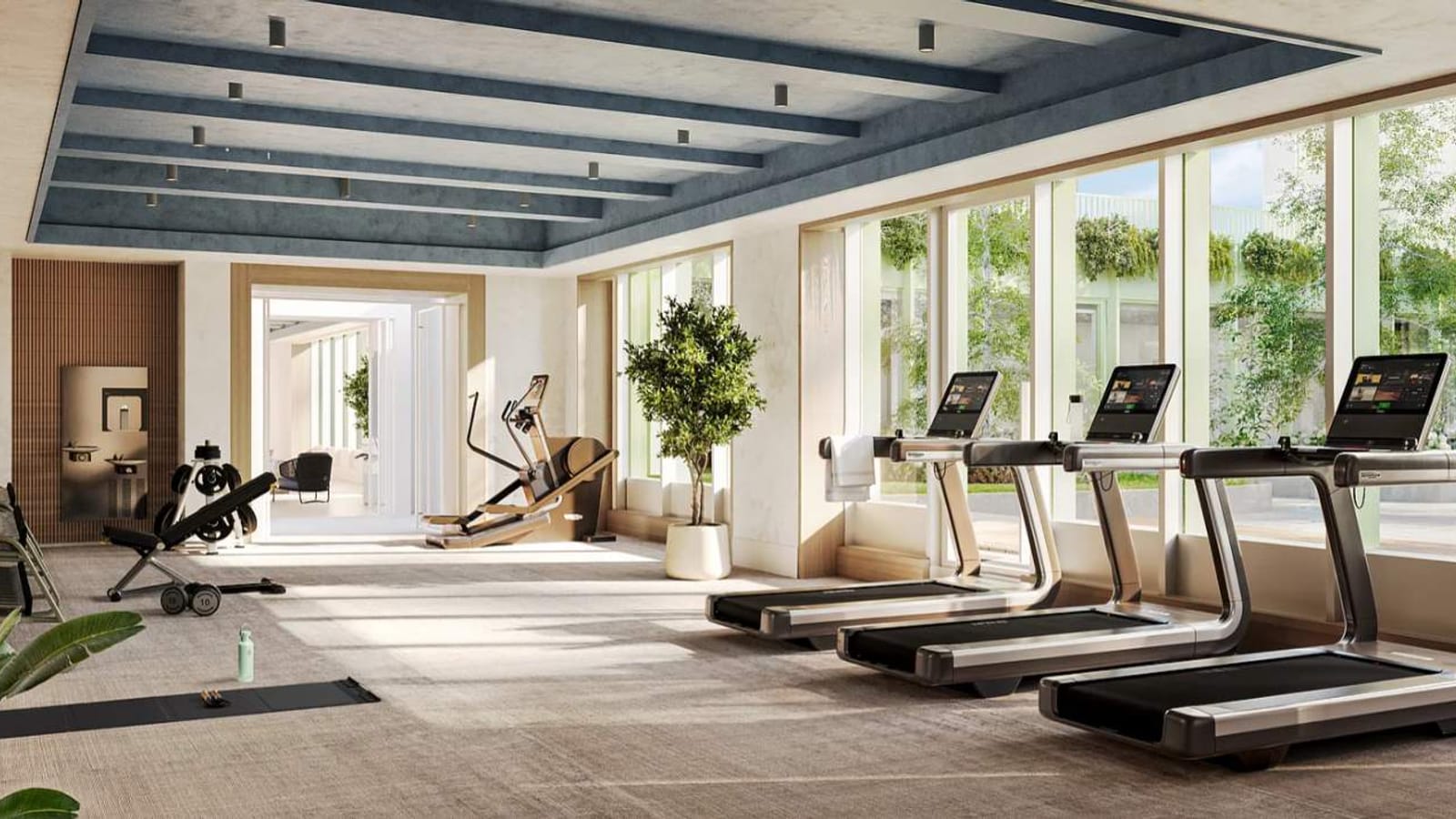 Rendering of a gym with a row of treadmills facing tall windows and a lounge area beyond