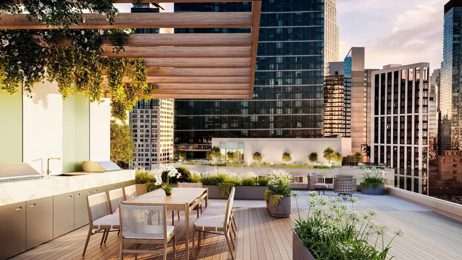 Rendering of a roof terrace with a dining table under a wood pergola, planters and glass towers behind