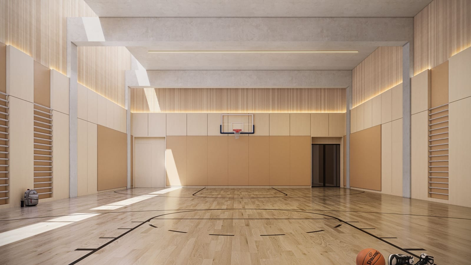 Rendering of an indoor basketball court with a light wood floor and black court lines, a glass backboard and hoop on the far wall, tan wall padding, wall bars at both sides, concrete beams overhead and a basketball and a pair of sneakers in the foreground