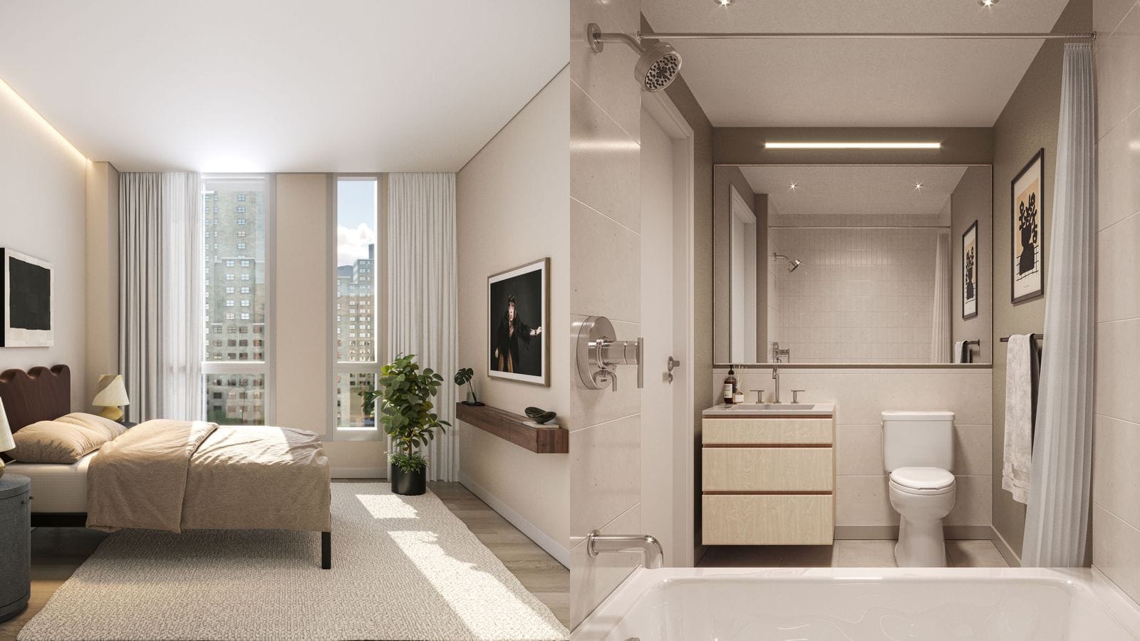 Two renderings side by side: at left a bedroom with a bed, a nightstand and lamp, a rug, a plant and two tall windows looking onto apartment towers; at right a bathroom with large pale wall tiles, a wide mirror, a floating wood-tone vanity, a toilet, a bathtub with a shower head and a white shower curtain