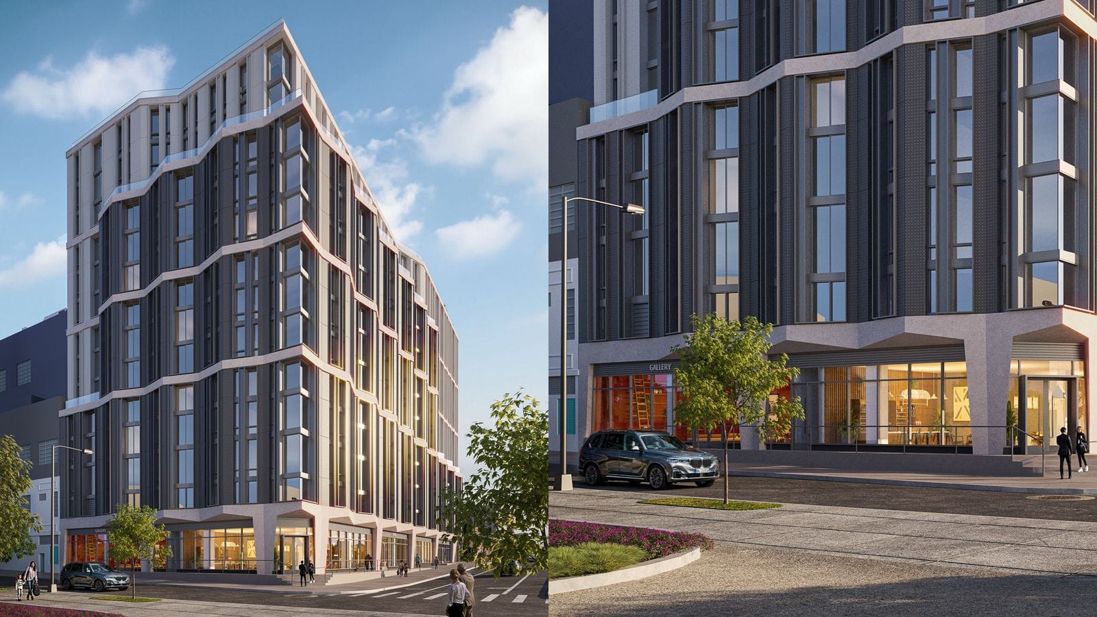 Two crops of one rendering side by side: at left a tall wedge-shaped apartment building at a street corner, with dark window bays, pale zigzag ledges every few floors and a lighter set-back top under a blue sky; at right a close view of its ground floor with glass storefronts, a sign reading GALLERY, a parked SUV, a street tree and two people at an entrance
