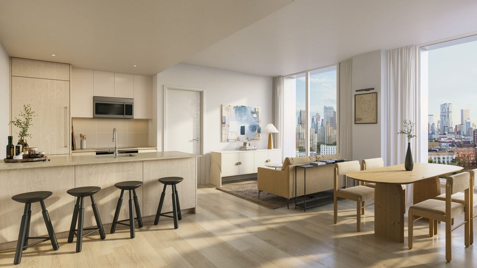 Rendering of an open kitchen and living room with pale wood cabinets, a stone-topped island with four black stools, a microwave above a cooktop, a sofa, a dining table with four chairs, wood-look flooring and two tall windows with a skyline view