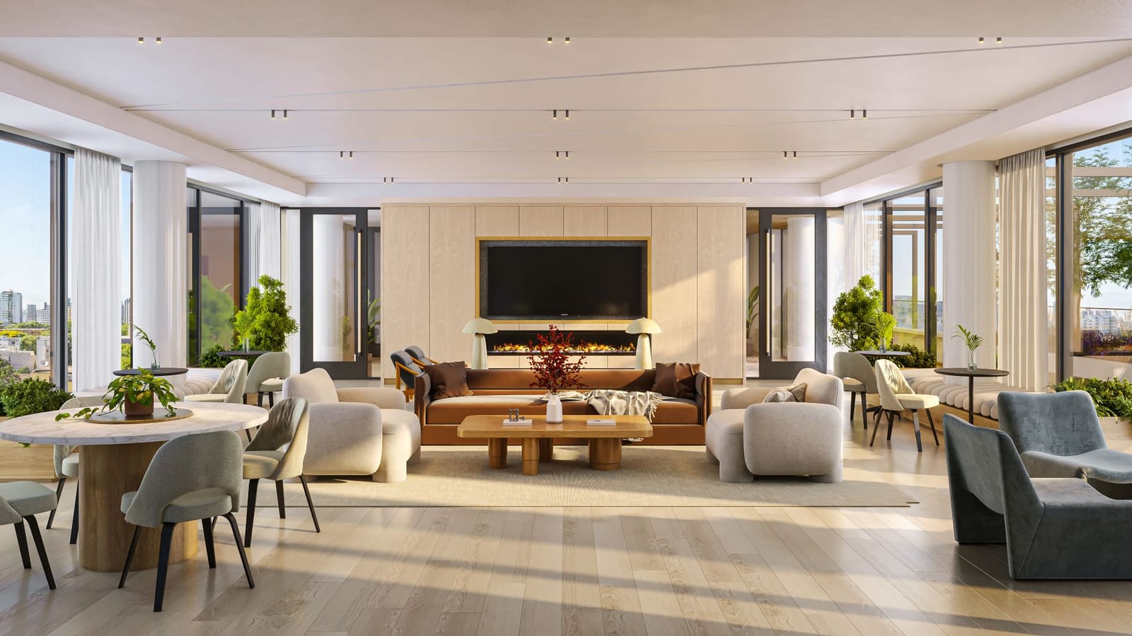 Rendering of a large lounge with a sofa and armchairs around a low wood table, a wall-mounted television above a long fireplace, dining tables and chairs, potted plants, white columns and curtains, and glass doors on both sides opening to terraces with views of trees and buildings
