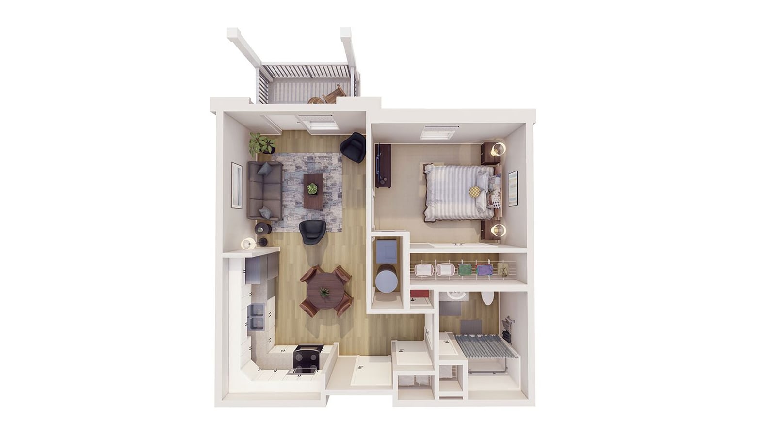 Rendered floor plan seen from above of a one-bedroom apartment with a living room, a kitchen with a small table, a bedroom, a bathroom and a balcony