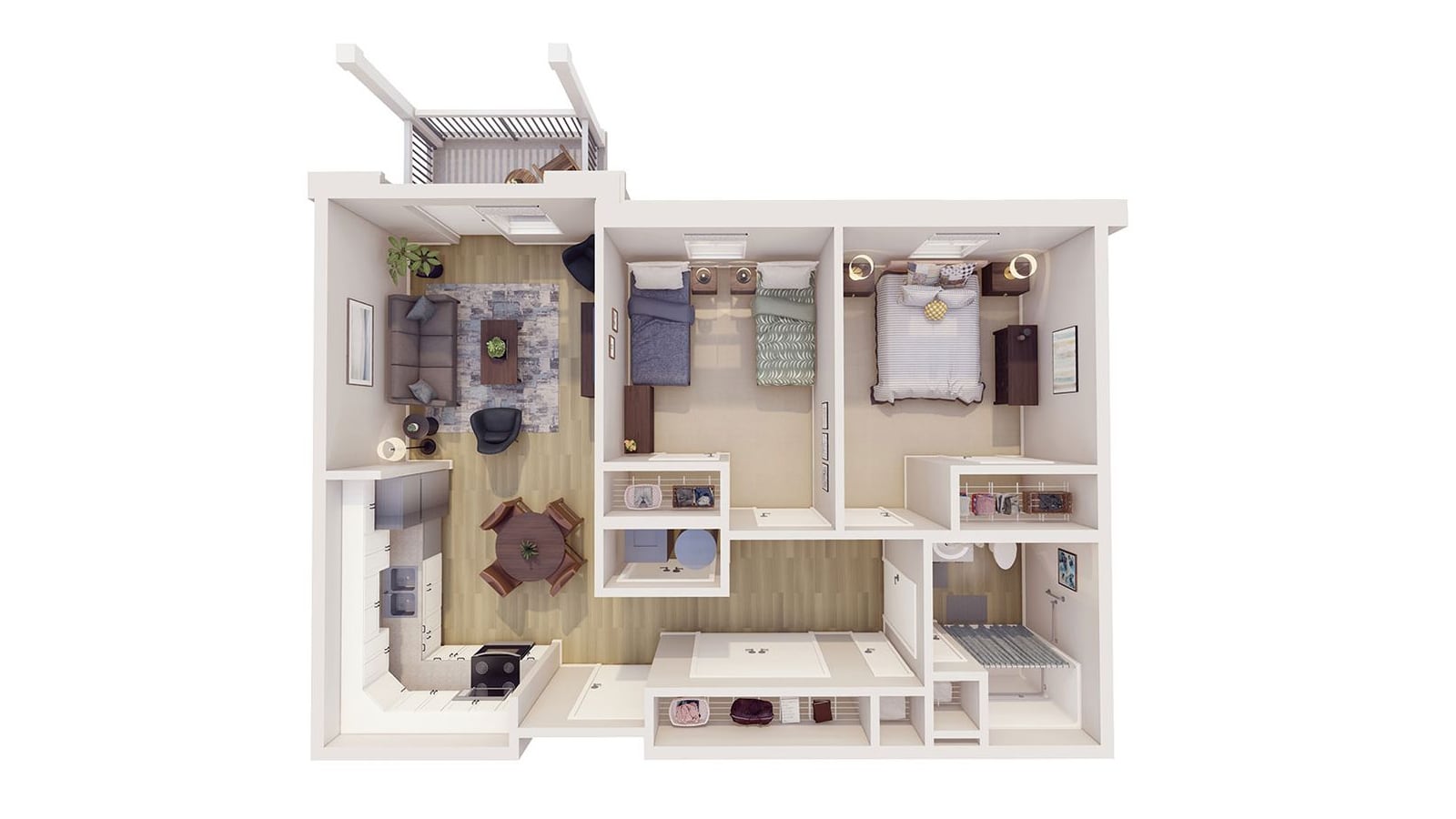 Rendered floor plan seen from above of a two-bedroom apartment with a living room, a kitchen, two bedrooms, bathrooms and a balcony