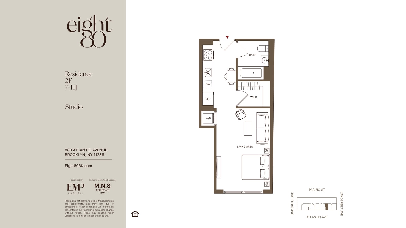 Floor plan sheet headed eight80, Residence 2F, 7-11J, Studio, 880 Atlantic Avenue, Brooklyn, NY 11238, showing an entry with a kitchen run along one wall holding a range, sink, dishwasher and refrigerator, a bathroom with a tub, a walk-in closet, a washer and dryer closet and a living area with a sofa, a bed and a window wall, with the logos of EMP Capital and M.N.S Real Estate NYC and a small key plan of the block between Underhill and Vanderbilt avenues